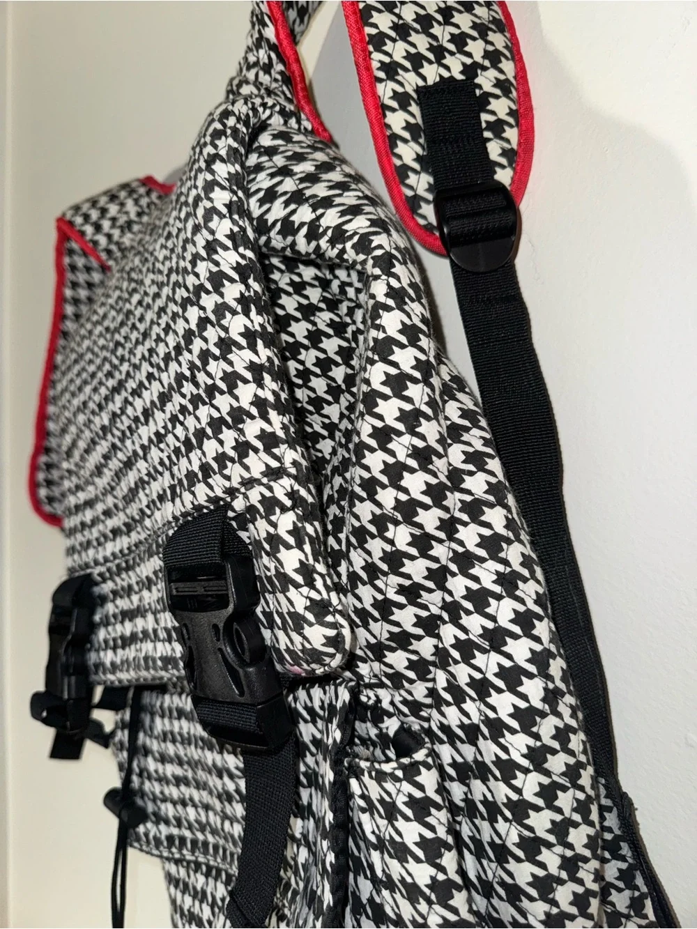 Houndstooth Print Backpack Diaper Bag with Red Trim